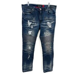 MAKOBI Men's Distressed Slim Skinny Heavy Biker Jeans Size 36 X 32
